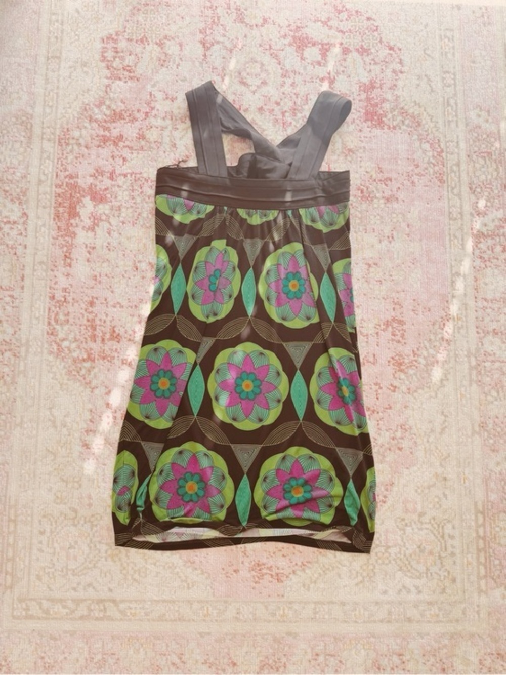 Maggy London, Floral Graphic Sundress with Green and Pink Accents